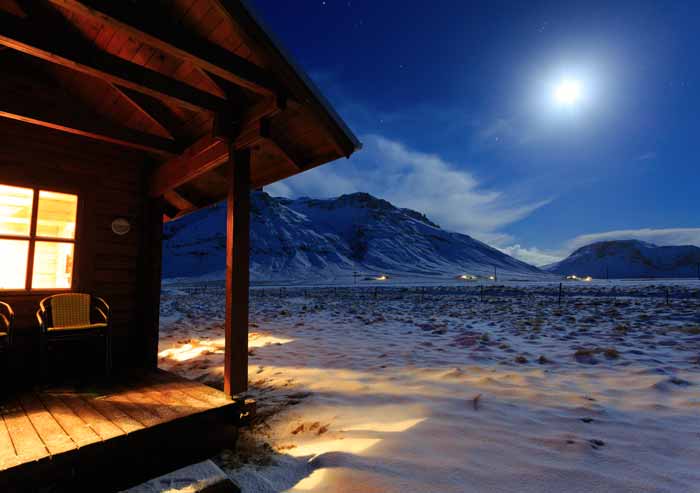 Warm cabin in a Canadian winter landscape.